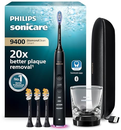 Philips Sonicare DiamondClean Smart 9400 Electric Toothbrush, Sonic Toothbrush with App, Pressure Sensor, Brush Head Detection, 4 Brushing Modes and 3 Intensity Levels, Black, Model HX9918/89