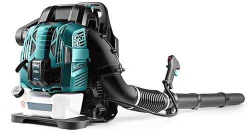 Souffleur à feuilles à essence à dos 76 cc, moteur 4 temps de 2,2 kW, vitesse du vent de 90 m/s et vitesse de 2800 à 3200 tr/min, avec sangles de support rembourrées et réservoir de carburant de 2 L,