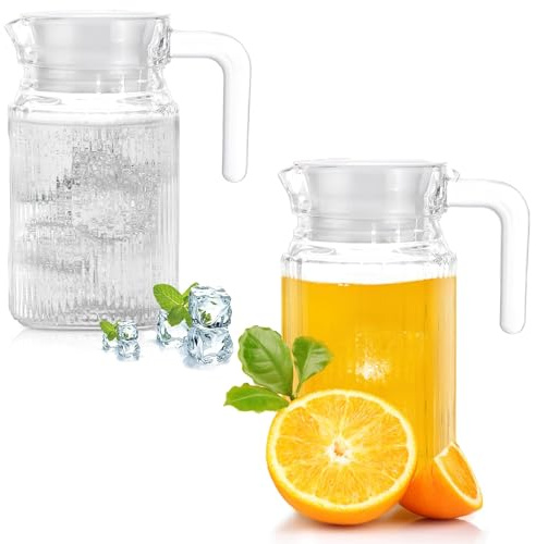 Lot de 2 Carafes en Verre 500 ml avec Couvercle – Pichet Transparent avec Bec Verseur et Poignée, Idéal pour Réfrigérateur, Eau Chaude/Froide, Thé Glacé, Lait, Jus ou Café