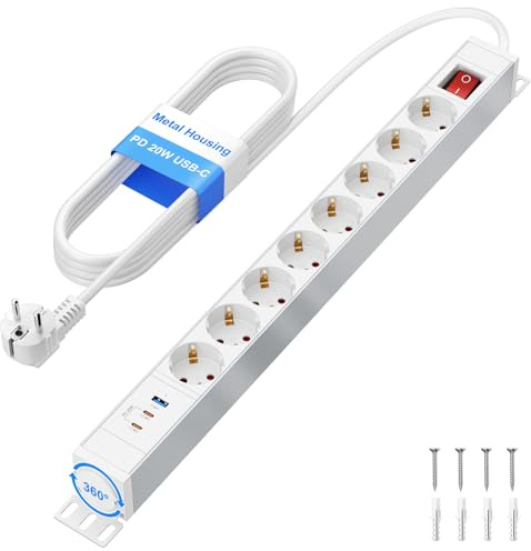 Ohuo 8 Fach Steckdosenleiste mit 2 USB C PD 20W, Mehrfachsteckdose 8fach mit 3 USB und Schalter, Überspannungsschutz, 360° drehbares Montagebracket, Metallgehäuse