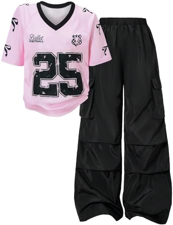 RoseSeek Girl's 2 Piece Summer Outfits Number Print Y2k Football Jersey Shirts and Cargo Pants Baggy Set Pink and Black 11Y