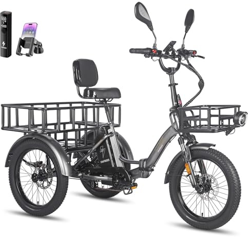 Fafrees F20 Mate Electric Bike Tricycle, 48V/23.45AH Battery, Folding Electric Cargo Trike for Adult Senior, Power Assist 120KM (Front Basket+Large Rear Rack, Grey)