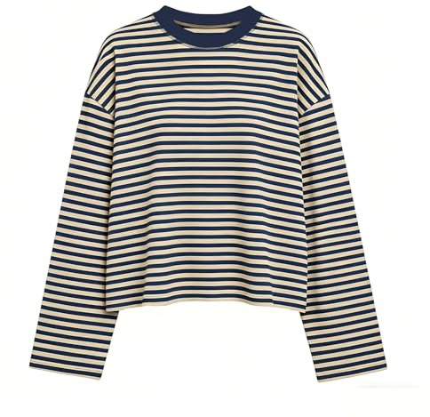 KOSUSANILL Striped Long Sleeve Shirt Women Oversized Baggy Tshirt Crewneck Boxy Cropped Tee Tops Drop Shoulder Y2K Cute Preppy Sweatshirt Vintage Teen Girls Fall Pullover Top (Yellow, M)