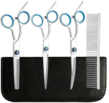 Lot de 3 paires de ciseaux pour chiens avec peigne | Acier inoxydable droit incurvés pour poils de chien, pour chats et chiots pour couper le visage et les oreilles à la maison
