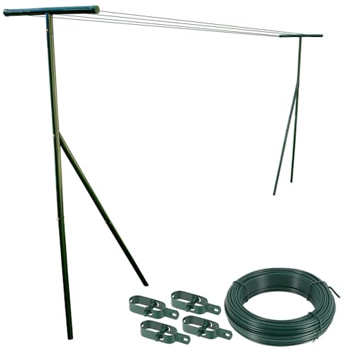 Etendoir à linge extérieur de jardin - longueur max 6m entre poteaux - Acier laqué - 30m de câbles acier - 4 tendeur - Ht 2m14