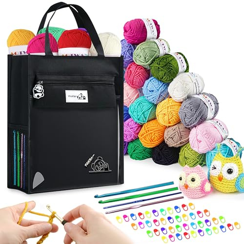 YINVA Crochet Kits for Beginners Adults Yarn 27 Colors Acrylic Wool Set with Aluminum Hooks Storage Case Stitch Markers -Black