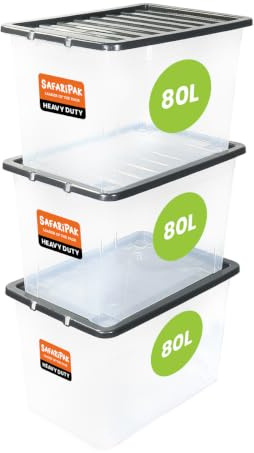 SAFARIPAK 3 x 80 Litre Stackable Clear Plastic Storage Boxes with Lids, Clip-Lock Lid, Sturdy Space Saving Nestable Box, Lidded Containers for Home, Kitchen, Moving, Garage, Office & Organisation