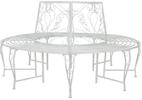 Holekex Trädbänk, rund, stål, antik, vit, 8 sittplatser Ø 160 x 89 cm, väderbeständig, trädgårdspark, terrass, balkong, utomhus, veranda, robust design, ryggstöd med hjärtdesign