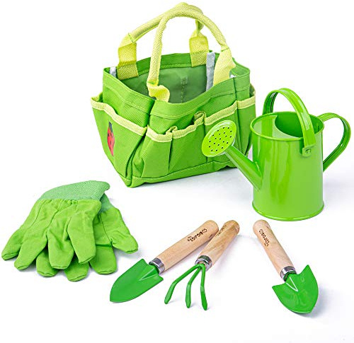 Bigjigs Toys Small 5 Piece Childrens Gardening Set with Bag, Garden Tools, Watering Can & Gardening Gloves - Fun Gardening For Kids, Quality Outdoor Toys