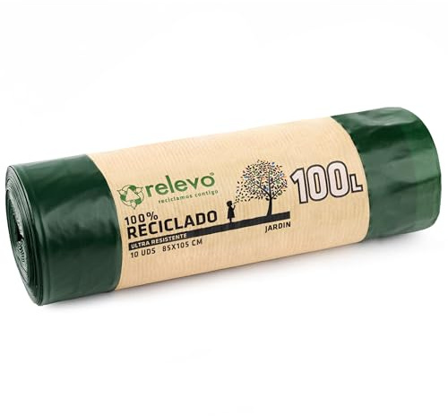 Relevo 100% Reciclado Bolsas de Basura, con autocierre, extra resistentes 100 L, 10 bolsas