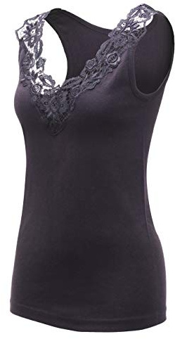 MARIA ANGEL LINGERIE Ladies Plain Cotton Wide Strap Vest Top Lace Trim Neck Design Cami Tank Camisole (UK, Numeric, 10, 12, Regular, Regular, Black)