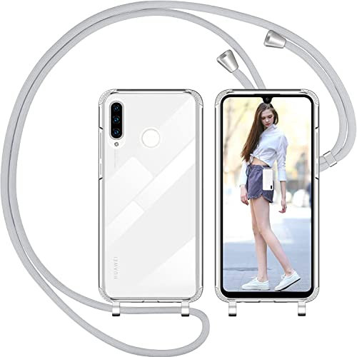 Nupcknn Handykette Hülle für Huawei P30 Lite Hülle TPU Bumper+PC Back Necklace(abnehmbar) Transparent Hülle mit Kordel zum Umhängen Handy Schutzhülle mit Band(Hellgrau, 6.15)
