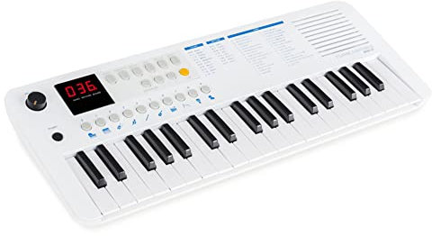 Classic Cantabile MINI-37 Keyboard - 37 Mini-Tasten - Stromversorgung über USB-C oder Batterien - 100 Sounds und Rhythmen - USB-MIDI - Lautsprecher und Kopfhörerausgang - weiß-blau