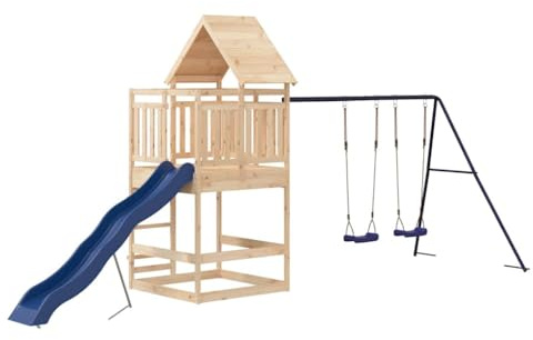 vidaXL Outdoor Playset, Garden Playhouse with Swing Set and Wave Slide, Play Tower for Age 4 and Over, Playground Equipment, Solid Wood Pine