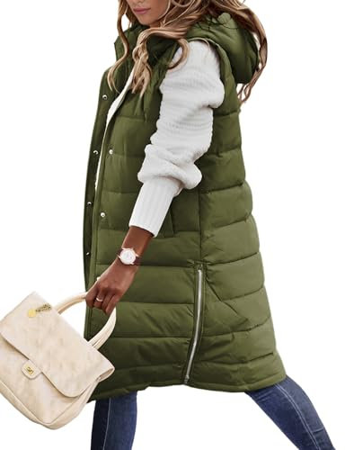 Yuson Girl Lange Jacke Weste für Damen Ärmellose Kapuzenweste Steppweste Damen Lang Winteroberbekleidung Weste Damen Lang Reißverschluss Mantel Outdoor Winterjacke Mit Tasche(Armeegrün, M)