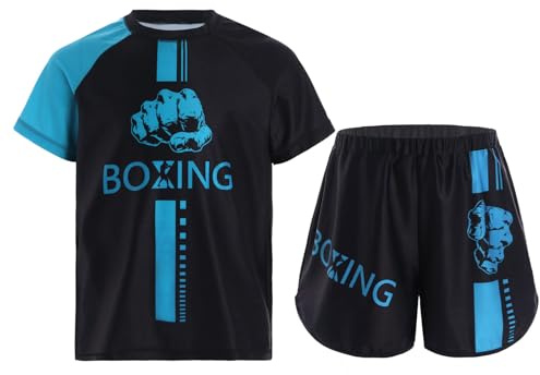 Manyakai Garçons T-Shirt et Short Boxe MMA Kickboxing Uniforme de Combat Arts Martiaux Entraînement Compétition Sport Enfant 5-16 Ans