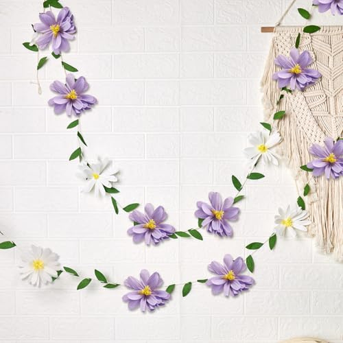 SUNBEAUTY Crepe Paper Flowers Banner Spring Hanging flower Garland Wildflower Banner Purple Floral Party Decorations for Birthday Wedding Baby Shower Home Decorations