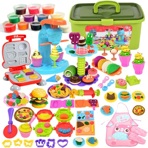 TOSUTO 65 Piezas Juego de Plastilina,Herramientas Plastilina para Niños,Moldes plastilina para Crear Hamburguesa,Pizza y Pasta, Accesorios de Arcilla de Modelado,con 12 Cajas Arcilla