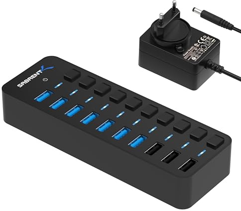 SABRENT Powered USB Hub 10 Ports 60W, 3 Smart Charging Ports, 7 Fast Data Transfer Ports, USB Docking Station with Switches (HB-B7C3)