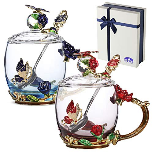 BTaT- Floral Glass Tea Cups with Lids & Spoon Set, Pack of 2, 11 oz, Blue & Red, Flower Design with Gift Box, Fancy Tea Cups, Dishwasher Safe