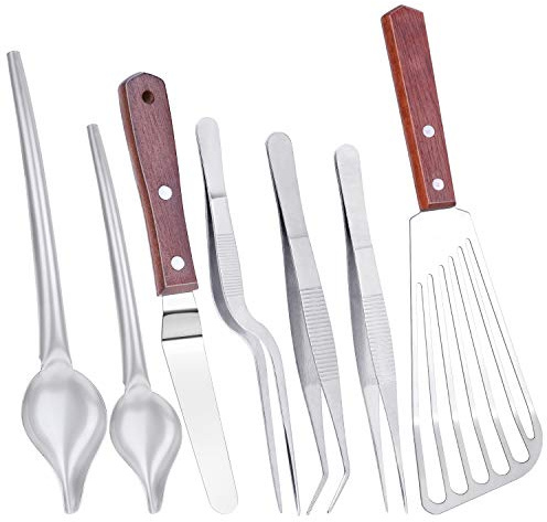 Cridoz 7 Pcs Stainless Steel Kitchen Cooking Plating Tweezers Tongs Drawing Spoons Offset Spatula and Fish Spatula for Food Culinary Plating Decorating