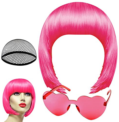 PLULON Peach Pink Bob Wig and Sunglass Set, Neon Short Bob Wig Sunglass Pack Costume Colorful Cosplay Wig Hairpieces for Bachelorette Neon Party Favors, Halloween Decorations