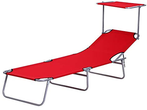 Outsunny Sonnenliege klappbar Gartenliege mit Dach, Liegestuhl mit 4-Fach verstellbare Rückenlehne, wetterfeste Campingliege bis 120 kg belastbar, für Garten Strand Pool, Rot