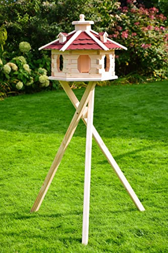 Deko-Shop-Hannusch Vogelhaus aus Holz unbehandelt zum selbst gestalten, bemalen, wahlweise mit Solarbeleuchtung und Ständer, wetterfestes Bitum, XXL, Vogelhäuschen (XXL mit Ständer und Solar, Rot)