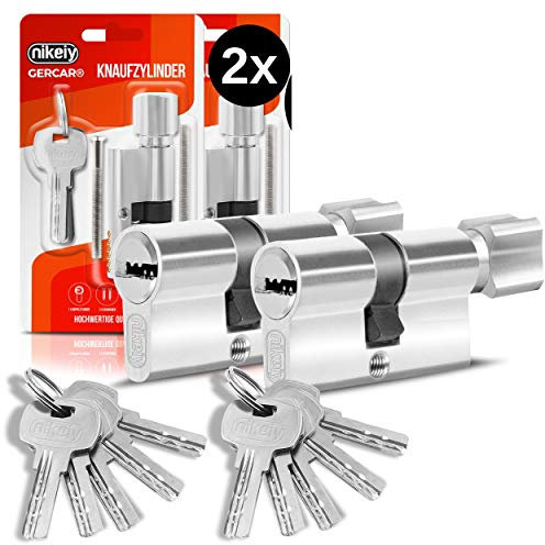 GERCAR Lot de 2 cylindres de serrure profilés 40/40 à bouton - Avec 10 clés - Fermeture identique - Longueur : 80 mm - A : 40 B : 40 - Lot de 2