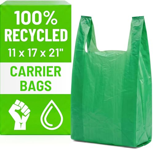 PWgoods 100% Recycled Plastic Carrier Bags - Green, Large 11 x 17 x 21, Heavy Duty 22mu, 100 Pack, Easy Tie Handles, Takeaway Shopping Retail Grocery Bin Bag