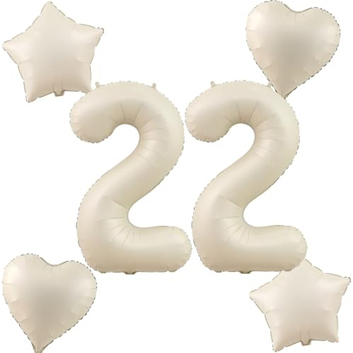 Palloncini beige numero 22+4 pezzi palloncino in pellicola con cuore/stella numero 22. Compleanno donna ragazza, 101,6 cm palloncino gigante numero 22. Decorazione per compleanno uomo, palloncino