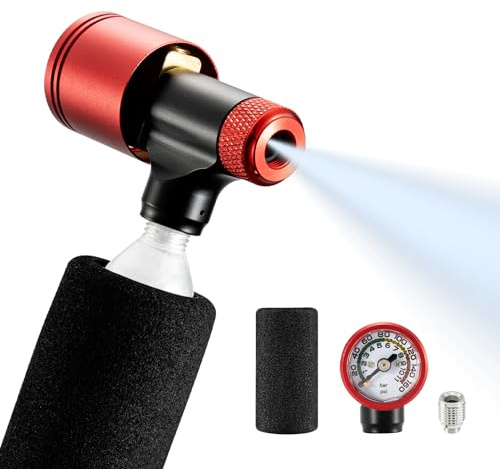 ROCKBROS Gonfiatore a CO2, Pompa CO2 con Manometro (Non Contiene cartucce CO2), Inflator Quick Easy, Valvole Presta & Schrader, Mini Pompa per Pneumatici, Bici da Strada, MTB