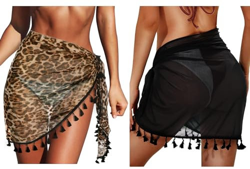 Aiseyi Strandrock Sarong Damen Strand Wrap Groß Chiffon 2 Stück Strandrock mit Fransen Schwarz/Leopard
