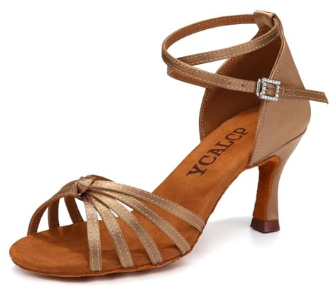 YCALCP Chaussures de Danse Latine Femmes Bout Ouvert Satin Bachata Tango Salsa Pratique Professionnelle 7cm,Maquette-EM217Z