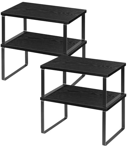 LIANTRAL Küchenschränke Organizer 4er Set, Küchenregal, Küchen Organizer, Erweiterbar und Stapelbar, Metall und Holz, Schrank Regaleinsatz Organizer für Gläser, Gewürze, Kann, Schwarz
