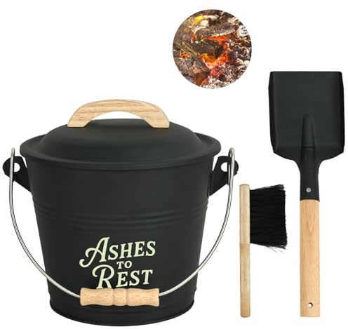 Ash Bucket with Lid and Shovel, Hand Broom and Gloves, 1.5 Gallon Small Metal Ash Bucket for Fireplace Tools Set, Fire Pits, Wood Burning Stoves, Indoor and Outdoor, Camping, Grill, Black