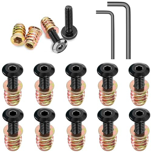 20 inserti filettati in legno, viti nere, viti a testa piatta e dado a vite, M6 x 16 e M6 x 10 mm, dadi filettati a vite per mobili in legno, con chiusura a esagono incassato
