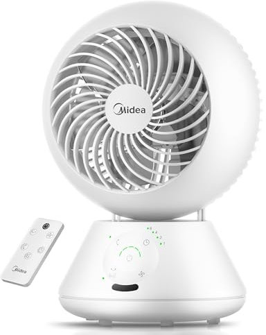Midea MDF24JRW Tischventilator, 28 dB, Durchmesser 20 cm, für Luftzirkulation, Reichweite 18 m, Oszillation 120° + 105°, 5 einstellbare Geschwindigkeiten, Timer 15 Stunden mit Fernbedienung, für
