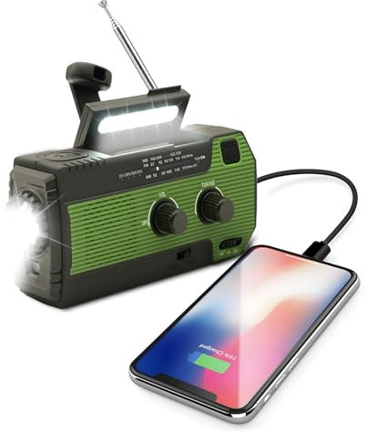 SOLARBABY Radio solare di emergenza con manovella per autoscarica, torcia a LED, allarme SOS, radio AM/FM e batteria da 4000 mAh, che può anche effettuare cariche di emergenza per smartphone(Verde)