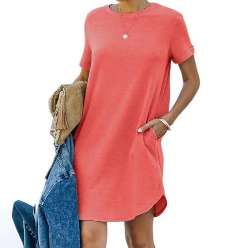 Maglietta da donna, lunghezza al ginocchio, abito estivo da donna, corto, con scollo rotondo, a maniche corte, in cotone, tinta unita, comodo, da spiaggia, casual, per il tempo libero, Rosso anguria
