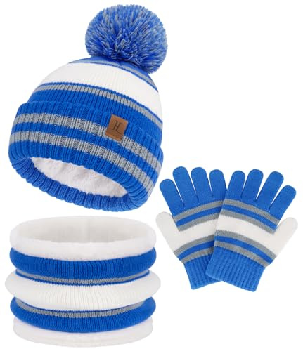 Bequemer Laden Bambino Invernali Termici Cappello Sciarpa ad Anello Guanti, Caldi Beanie Berretto con Pon Pon Scaldacollo in Maglia per 2-7 Anni Bambini Bambina, Regalo