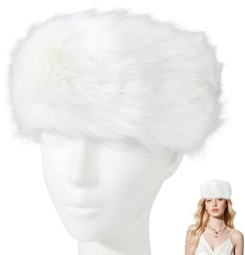 CABODYALS Bandeau Élastique Blanc Doux et Pelucheux Cache Oreilles en Fausse Fourrure Bonnet de Ski D'Hiver pour Femme Cache Oreilles Épais et Extensible en Fourrure Couvre Chef Chaud pour Femmes Tenu
