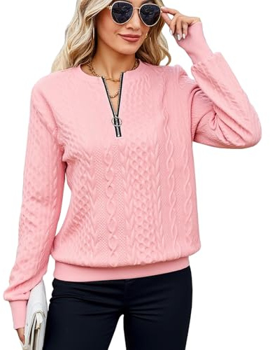 Sweatshirts for Women, Ladies Lightweight Knit Jumpers, Half Zip Pullover Cable Sweatshirt, Ladies V-neck Long Sleeve Tops, Autumn Winter Thermal Casual Sweaters for Office Work Daily, Pink, XL