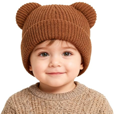 AYPOW Baby Winter Beanie Hat with Cute Bear Ear, Warm Soft Elastic Knitted Skull Cap for Toddler Boys Girls Unisex, 0-36 Months Infants Earflap Cosy Caps for Outdoor Activities