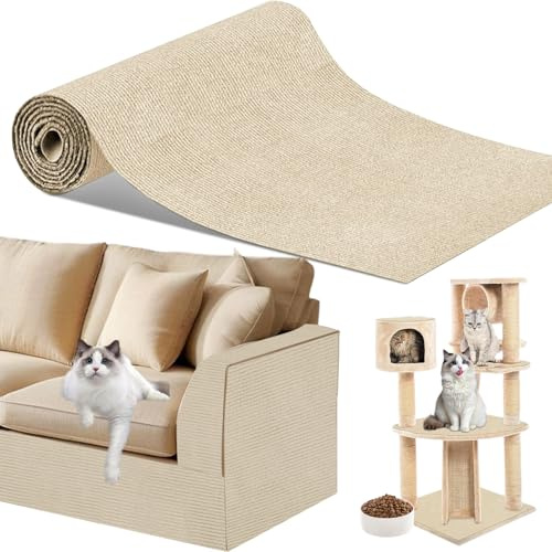 Jinfanshurich 2 stycken kattklösmattor självhäftande 200 cm x 40 cm klösmattor för katter klösskydd soffa katt för soffa trimbar gör-det-själv klösbräda vägg möbler soffi kaki