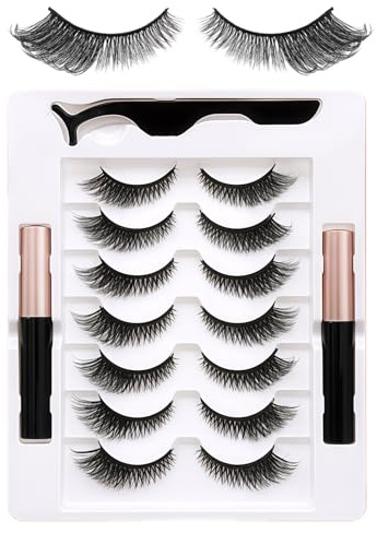 Magnetic Eyelashes Set with Eyeliner - Fox-Style - 7 Pairs 3D Diagonal Flight Lashes, 2 Black Magnetic Liners, Reusable, Waterproof, Easy Application for Natural Look, 1PCS
