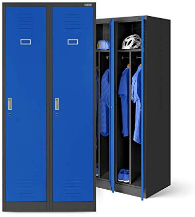 Jan Nowak Spind Schrank, Metallschrank, Schließfachschrank | 2 Abteile mit Kleiderstange, Trennwände, Lüftungsschlitze, 4 Kleiderhaken pro Abteil, Metall | 180 cm x 80 cm x 50 cm, Anthrazit/Blau