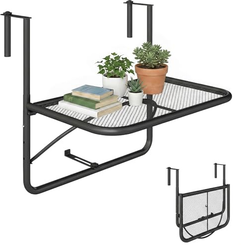 Outsunny Mesa Colgante de Balcón con Brazo Regulable y Altura Ajustable en 3 Posiciones Marco Metálico Carga Máx. 30 kg 60x56x50 cm Negro