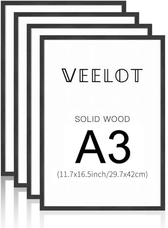 Veelot® 4x Cornice Foto in Legno Ayous nero A3 29.7x42cm,Passepartout 21X30cm,Cornici per Legno di 30x42cm Grande Quadro,Collage Foto,Poster,Solo per Espositore a Parete