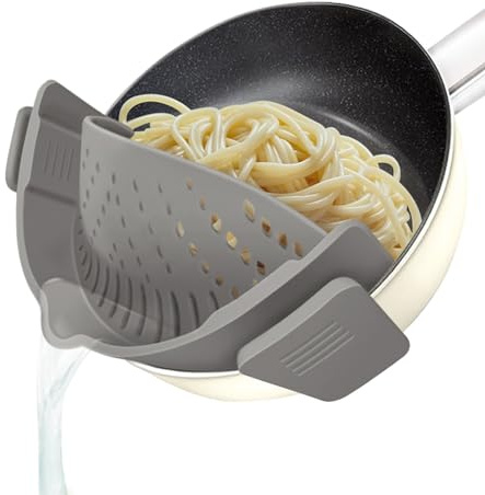 YEVIOR Clip on Strainer for All Pots Pan,Silicone Pasta Strainer Kitchen Gadgets,Collapsible Colander for Noodle,Vegetables,Fruit,Spaghetti (Grey)